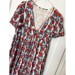 J.Crew Beachwear Re-Imagined Red Blue Floral Cotton Maxi Dress Small V-Neck Tie